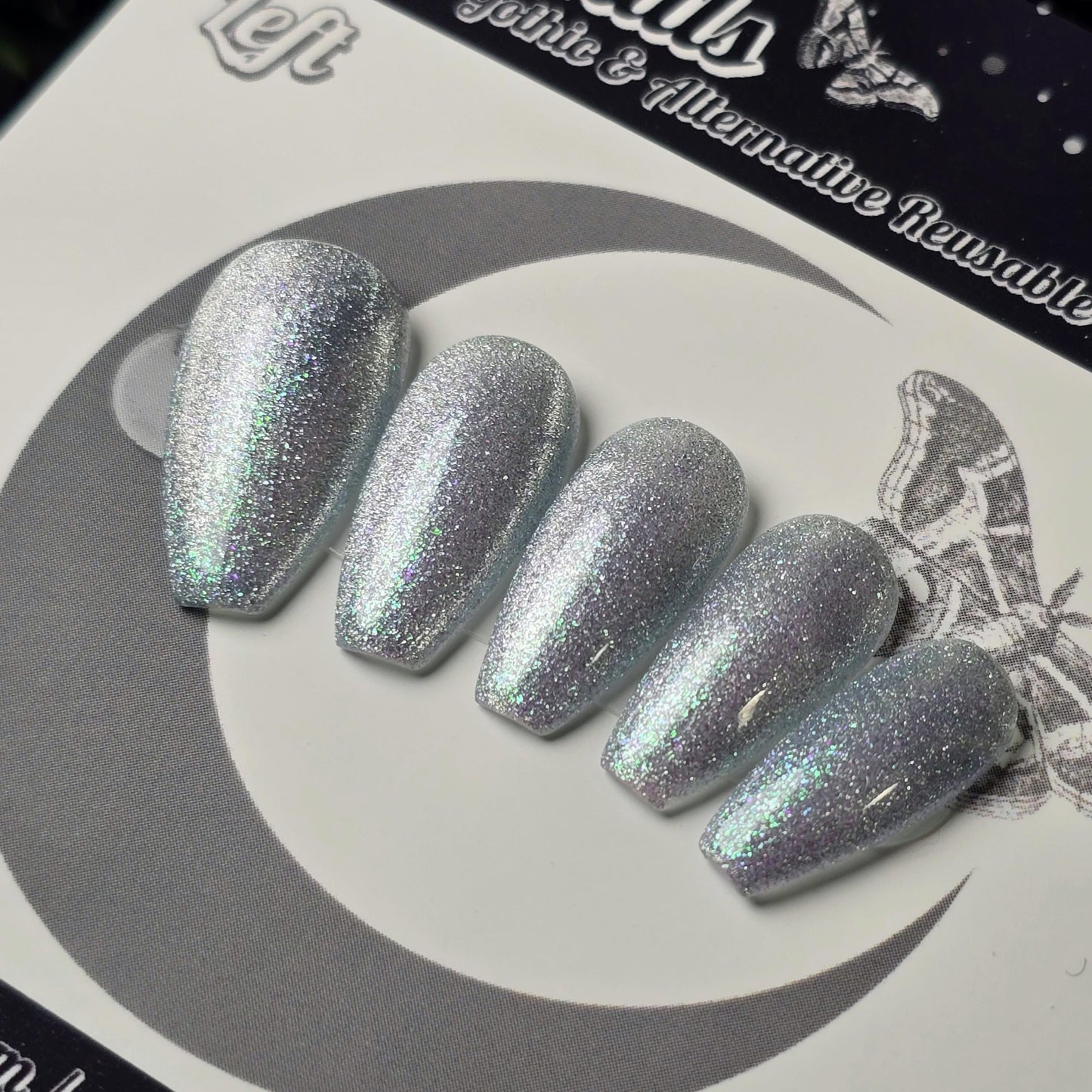 Spellbound Cat Eye Press On Nails, Fairytale Cat Eye Nails, Green and Silver Holographic Glitter Nails, Shimmer Nails, Sparkly Color Shift