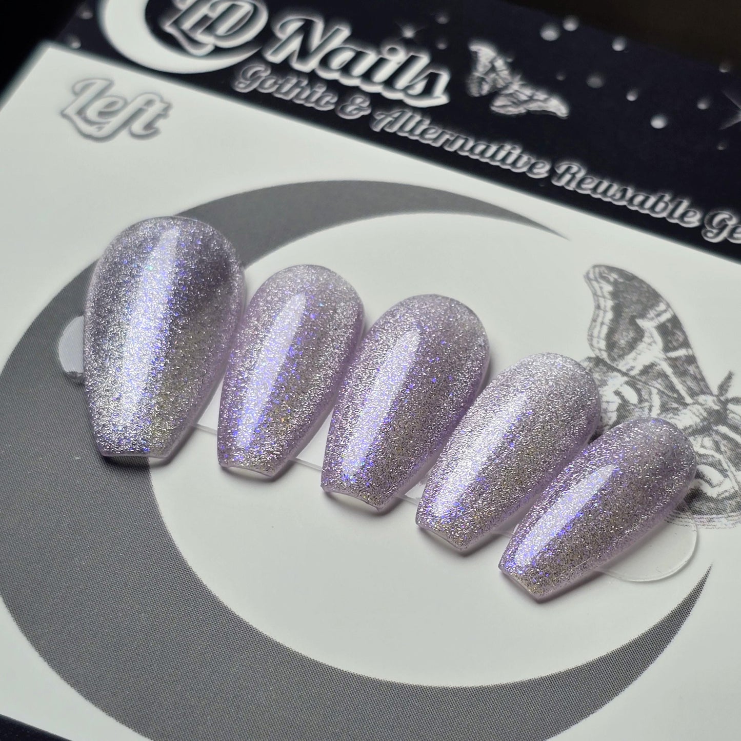 Cheshire Cat Purple Cat Eye Nails, Sparkly Fairytale Press On Nails, Holographic Glitter Coffin Nails, Shimmer Fantasy Manicure