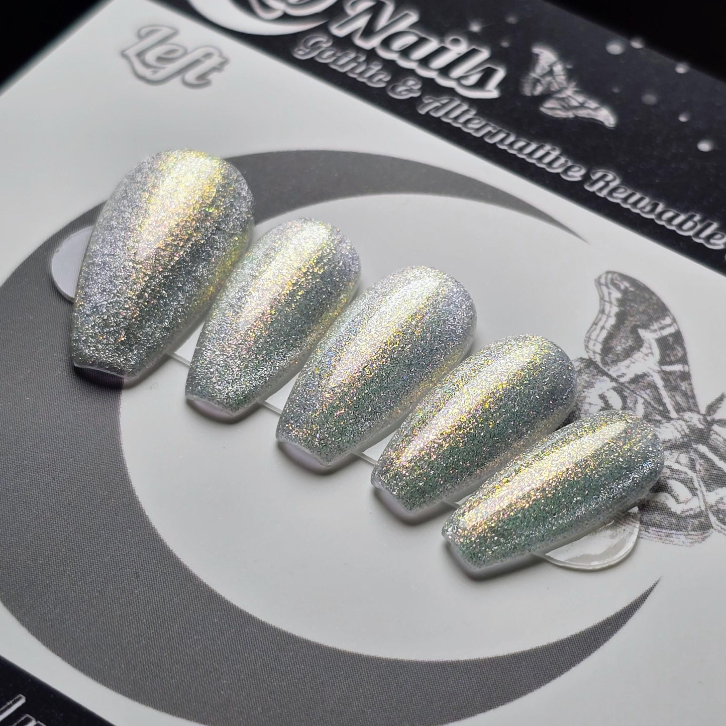 Mirror Mirror Silver Cat Eye Press On Nails, Magnetic White Holo Glitter Nails, Sparkly Coffin Press Ons, Fairytale Chrome Inspired Manicure