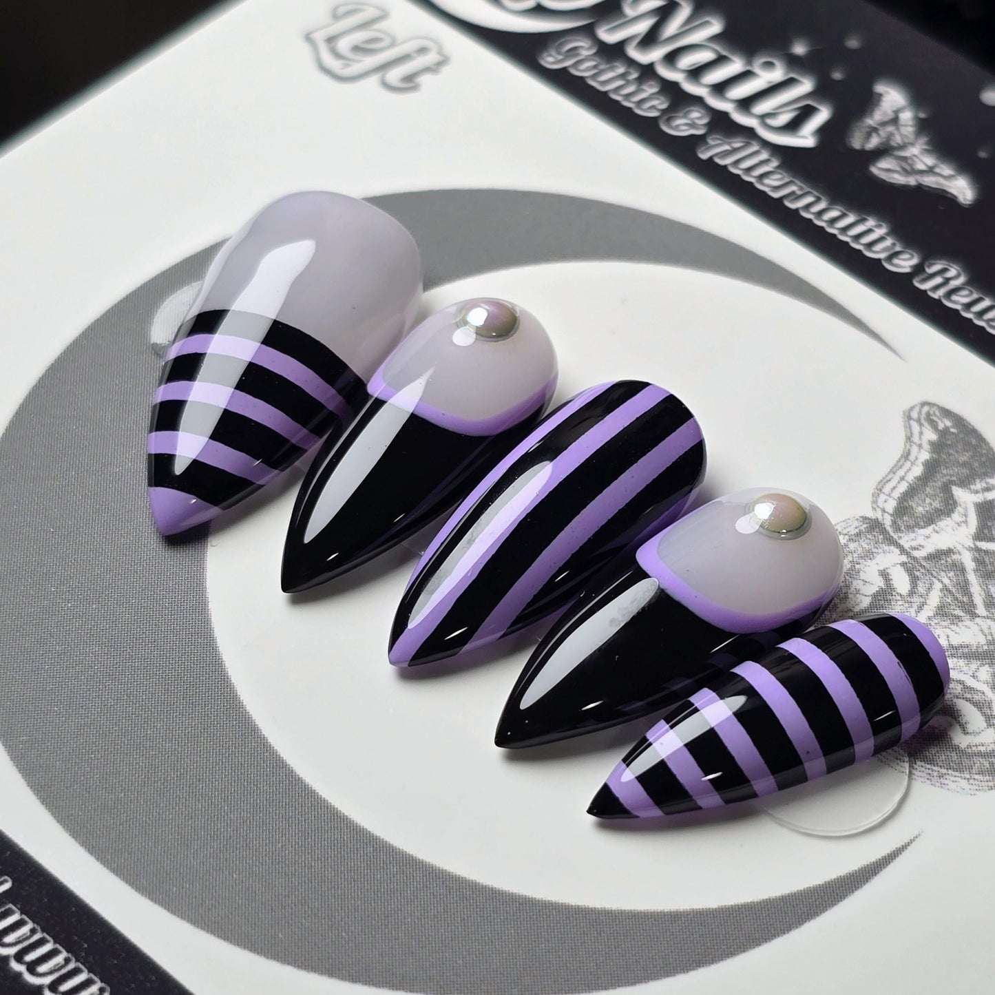 Twisted Stripes Press On Nails, Gothic Striped Nails, Pastel Goth Nails, Alternative Nails, Black Stripe Nail Design, Stiletto Press On Nail