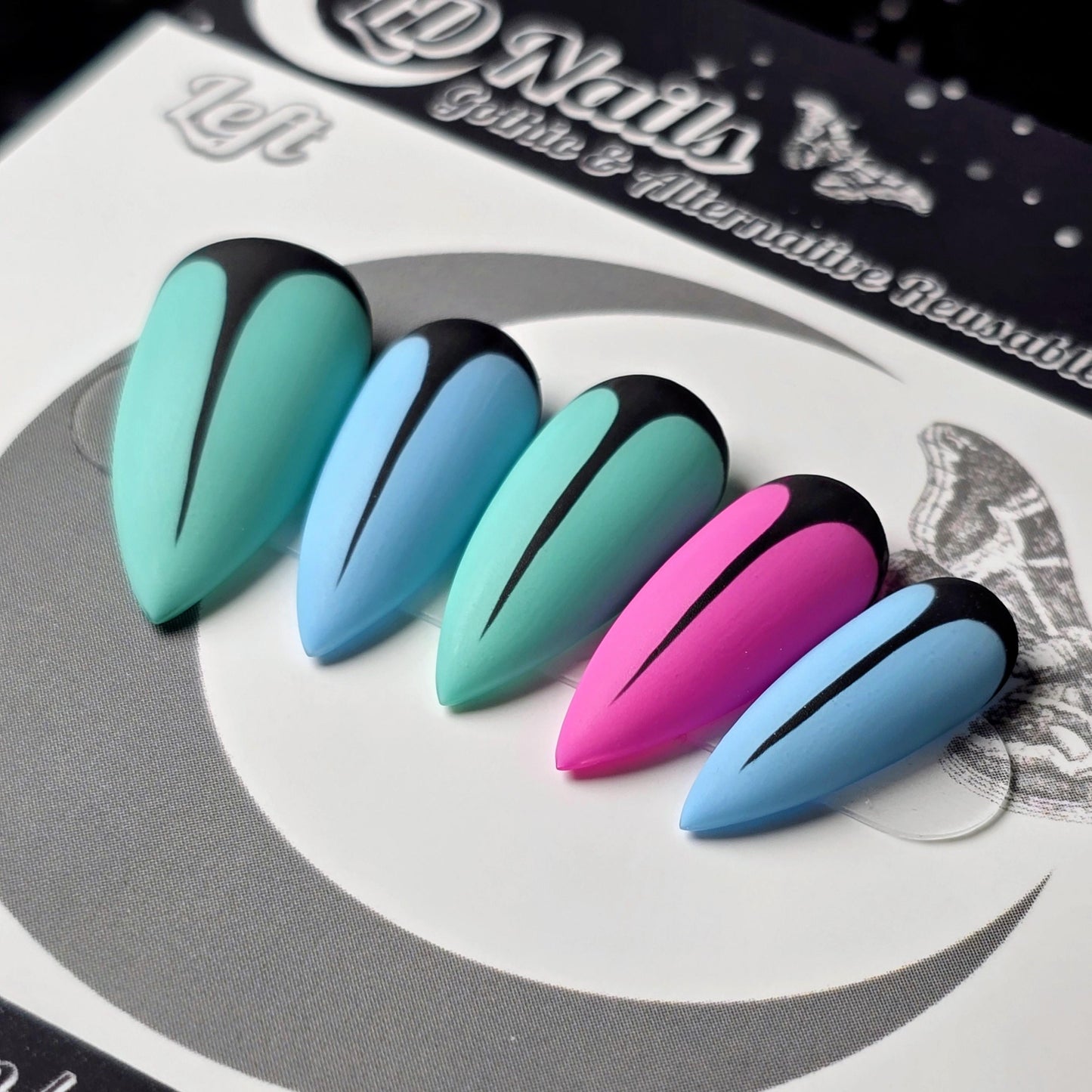 Spring Widow Press On Nails, Neon Goth Stiletto Nails, Matte Black Negative Space Nails, Teal Blue Pink Alternative Nails, Cyberpunk Goth