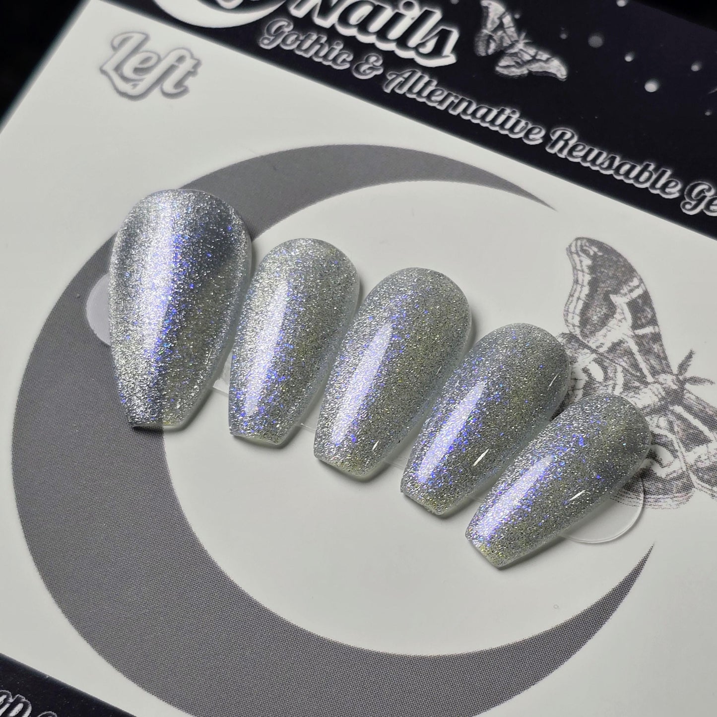 Glass Slipper Cat Eye Press On Nails, Fairytale Cat Eye Nails, Blue and Silver Glitter Cat Eye Nails, Sparkly Color Shift Nails