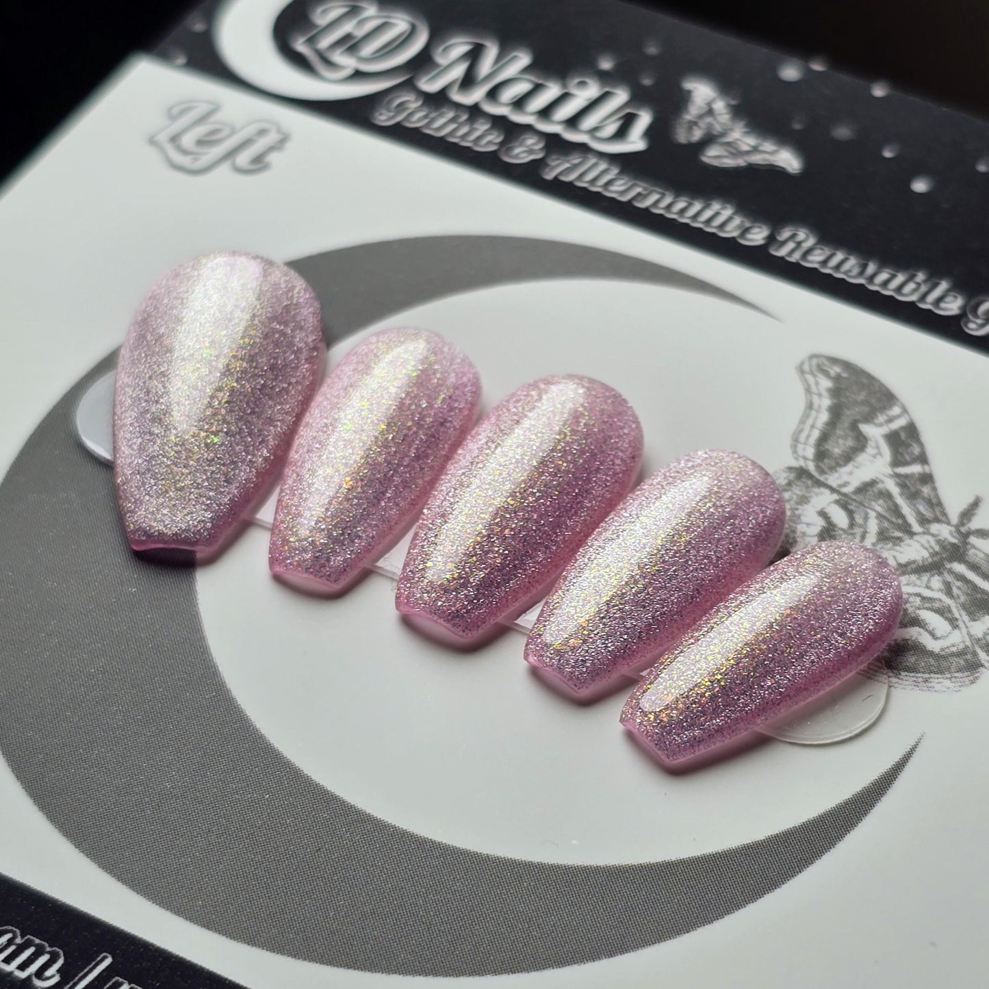 Enchanted Rose Pink Glitter Press On Nails, Cat Eye Sparkle Nails, Fairytale Fantasy Nails, Holographic Shimmer Coffin Manicure