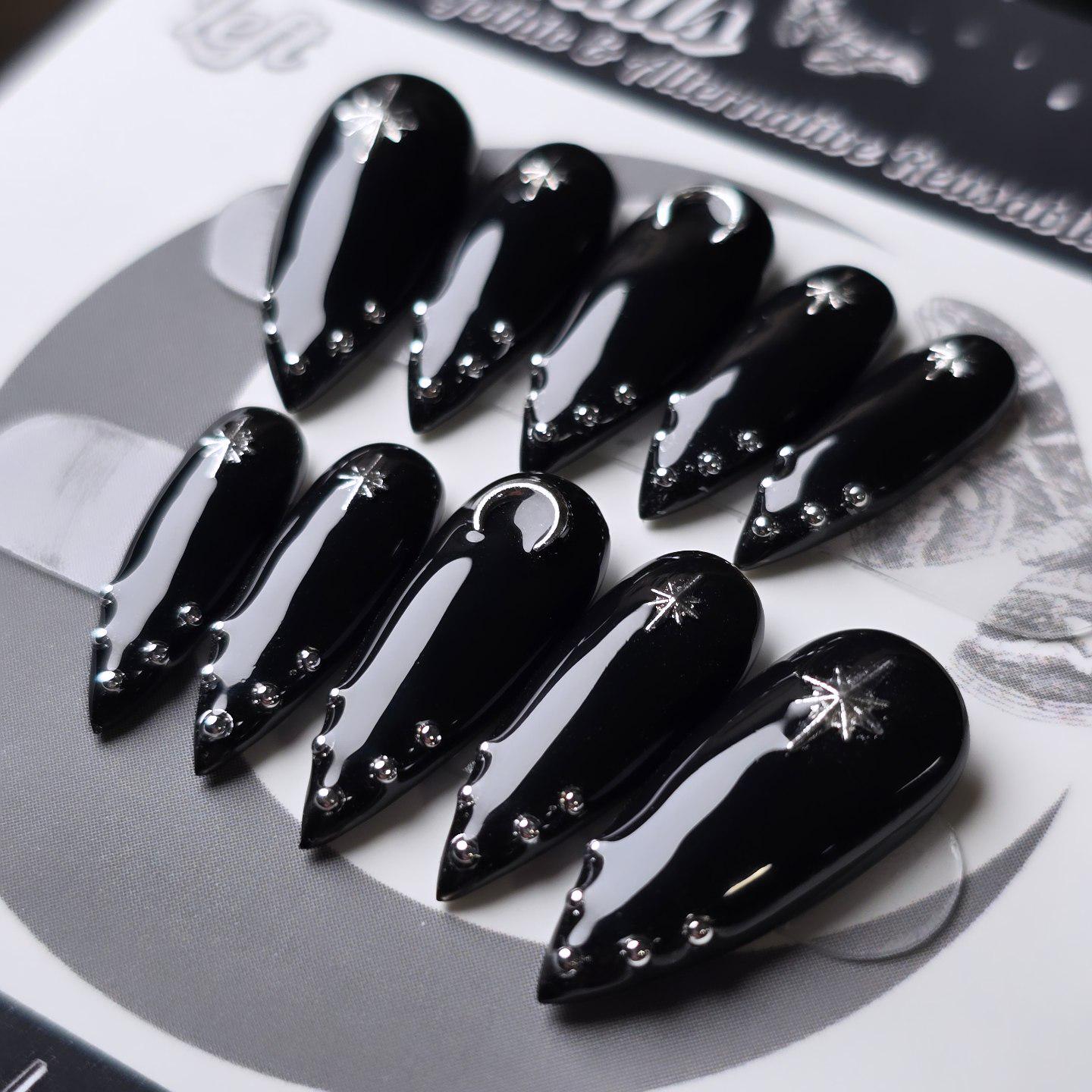 Toxic Noir, Black and Silver Studded Vamp Press Ons, Metal Moon Gothic Press On Nails, Goth Reusable False Nails