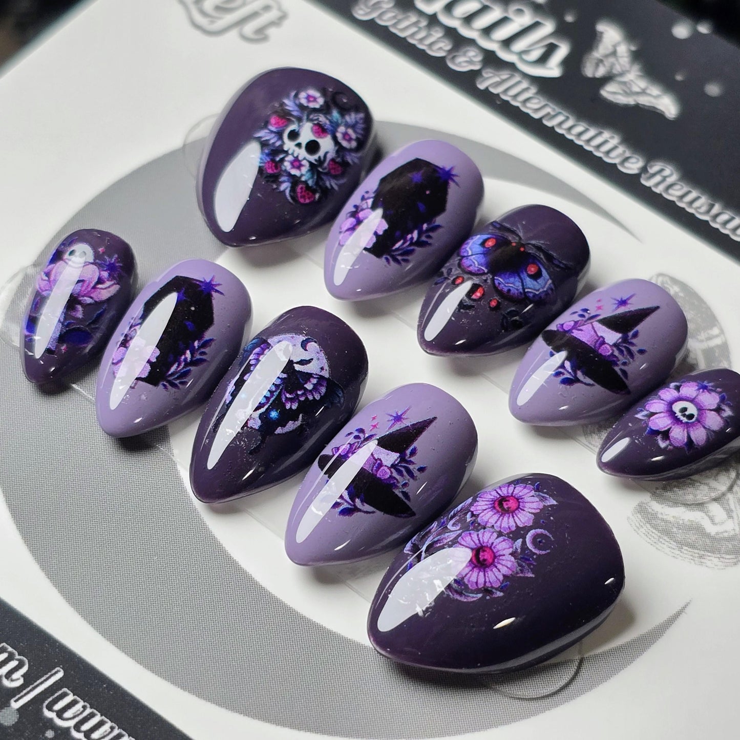 Witchy Moth Press On Nails, Short Purple Press Ons, Gothic Summer Nails