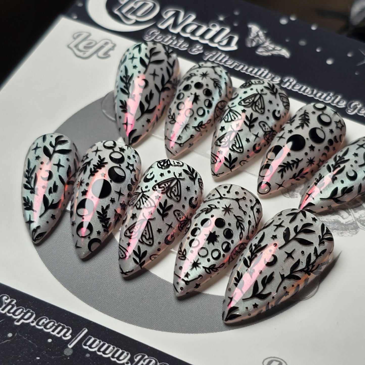Mystical Cat Eye Chrome Press On Nails, Moth and Moon Witchy Press Ons