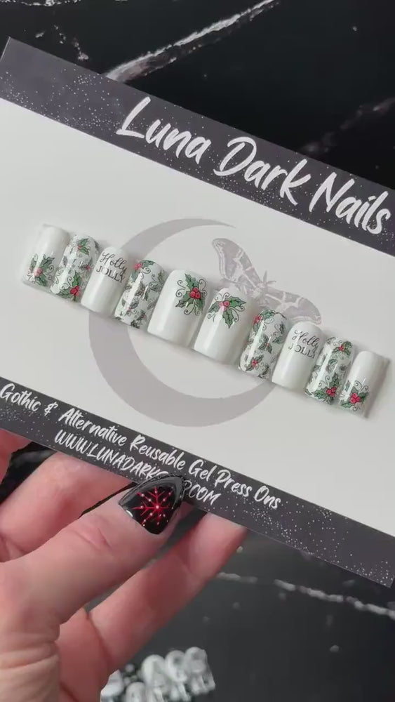 
                      
                        Load and play video in Gallery viewer, Holly Jolly, Winter Mistletoe Nails, Christmas Press On Nails, White Press Ons, Alt Nails, Witchy Nails, Goth Nails, Reusable False Nails
                      
                    