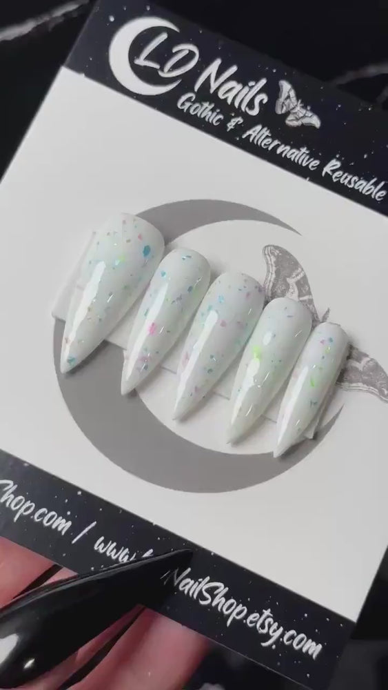 
                      
                        Load and play video in Gallery viewer, Ocean Pearl Press On Nails, Pastel Speckled Nails, Basic Nails, Witchy Nails, Gothic Nails, Minimalist Nails, Reusable False Nails
                      
                    