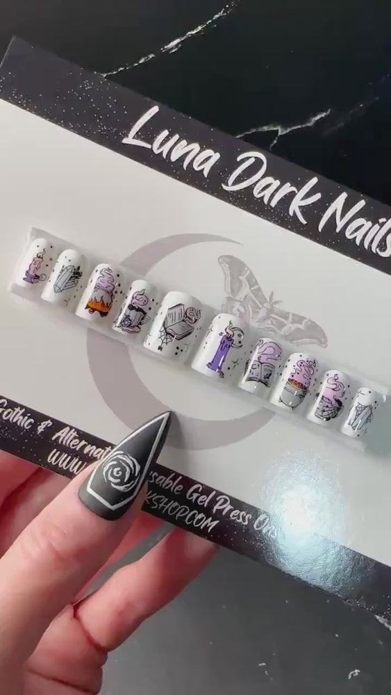 
                      
                        Load and play video in Gallery viewer, Witchy Whimsy Press On Nails, Witchy Halloween Press Ons, Dark Witch, Spooky Witch, White Pink Purple and Green, Reusable False Nails
                      
                    