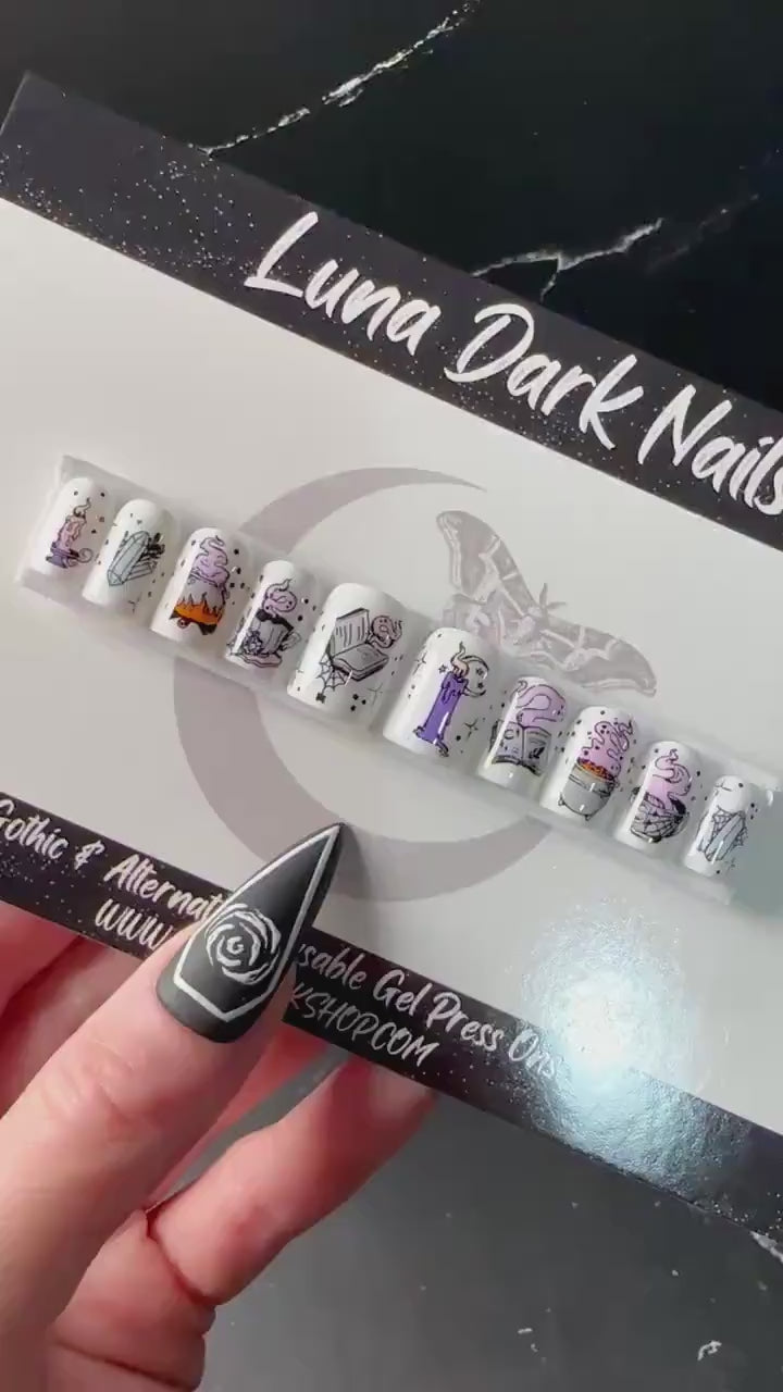 Witchy Whimsy Press On Nails, Witchy Halloween Press Ons, Dark Witch, Spooky Witch, White Pink Purple and Green, Reusable False Nails