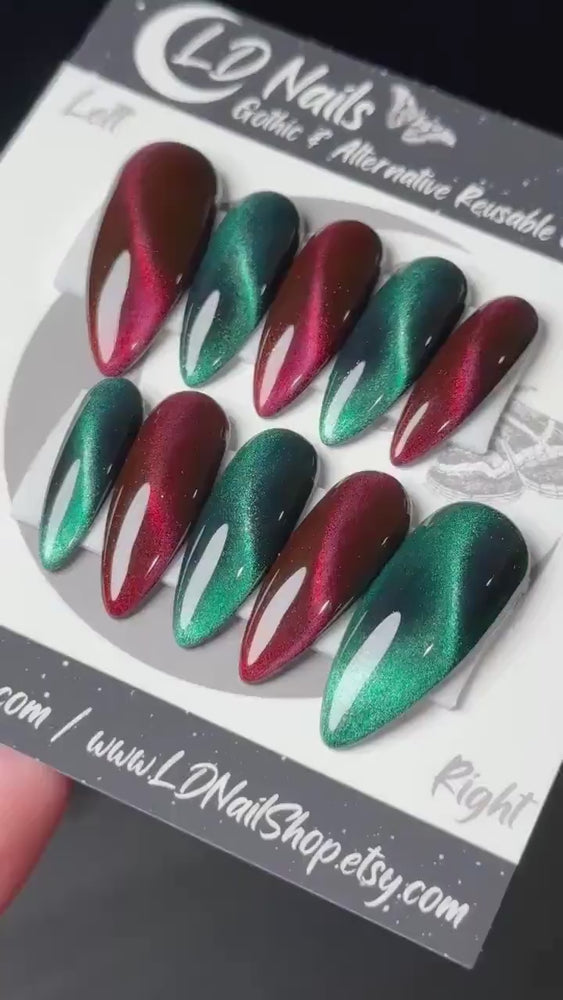 
                      
                        Load and play video in Gallery viewer, Christmas Cat Eye, Red and Green Press On Nails, Cosplay Nails, Gothic Press Ons, Witchy Nails, Reusable False Nails, Alternative Nail
                      
                    