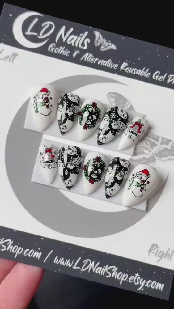 
                      
                        Load and play video in Gallery viewer, Pastel Goth Christmas Press On Nails, Christmas Spirits Nails, Purple Ghost and Webs Creepmas Nails, Spooky Christmas, Reusable False Nails
                      
                    