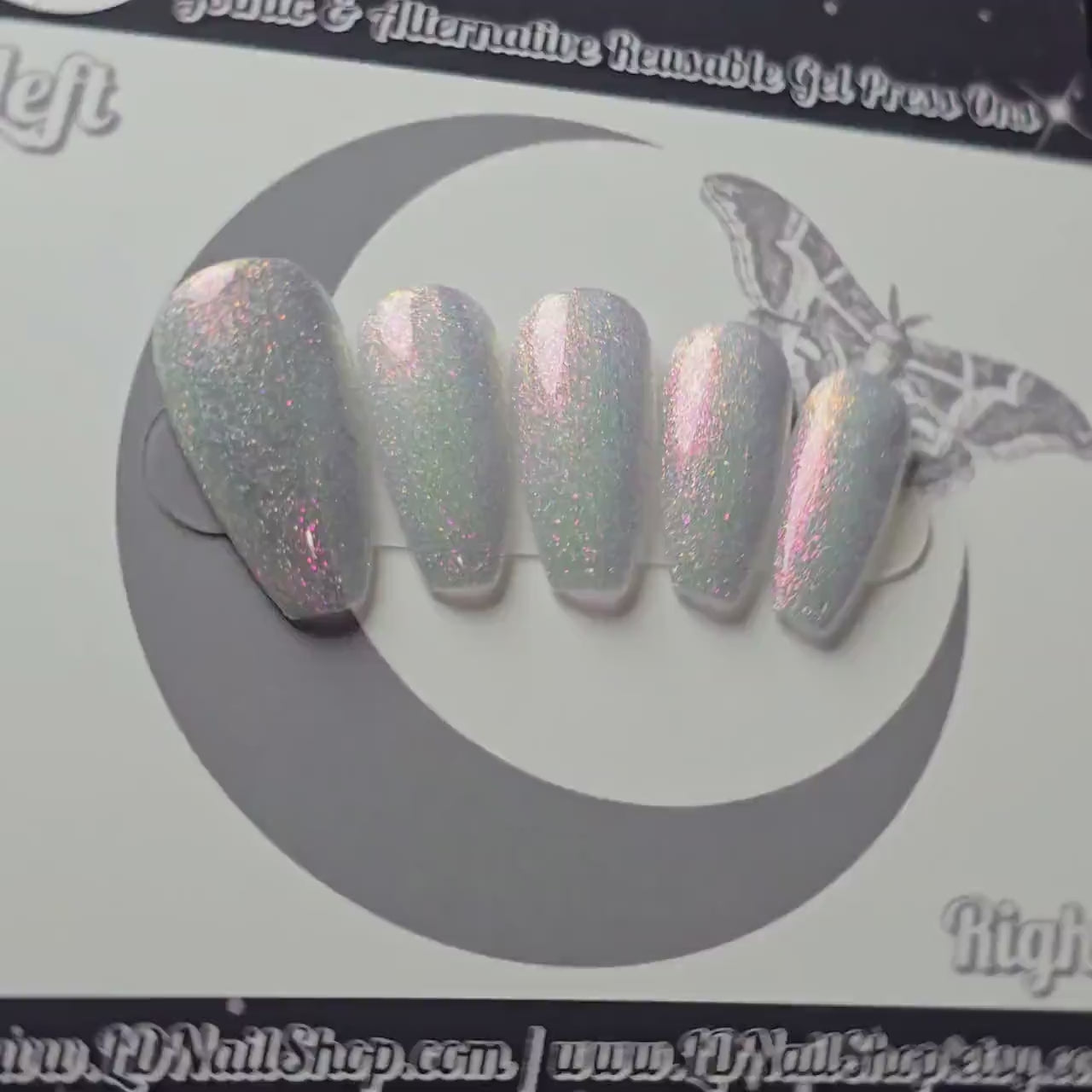 Mirror Mirror Silver Cat Eye Press On Nails, Magnetic White Holo Glitter Nails, Sparkly Coffin Press Ons, Fairytale Chrome Inspired Manicure