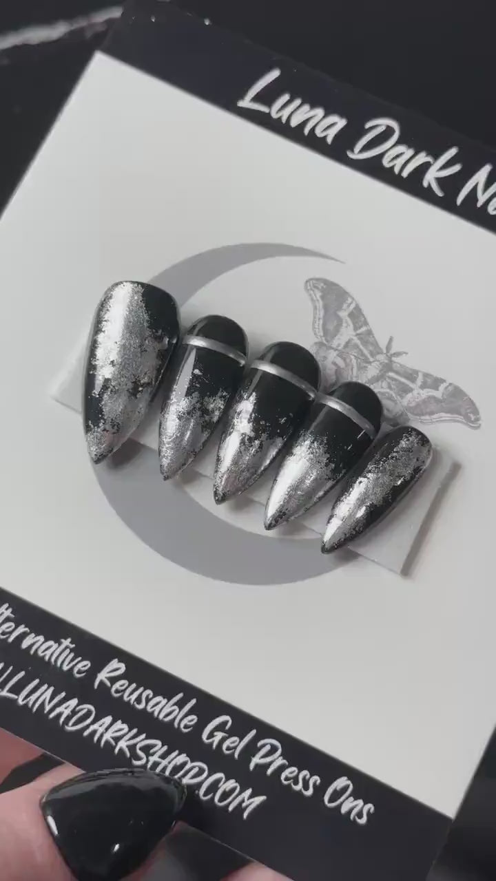 Gilded, Goth Press On Nails, Black and Silver Gothic Nails, Silver Chrome Nails, Goth Nails, Witchy Nails, Reusable False Nails, Fake Nails