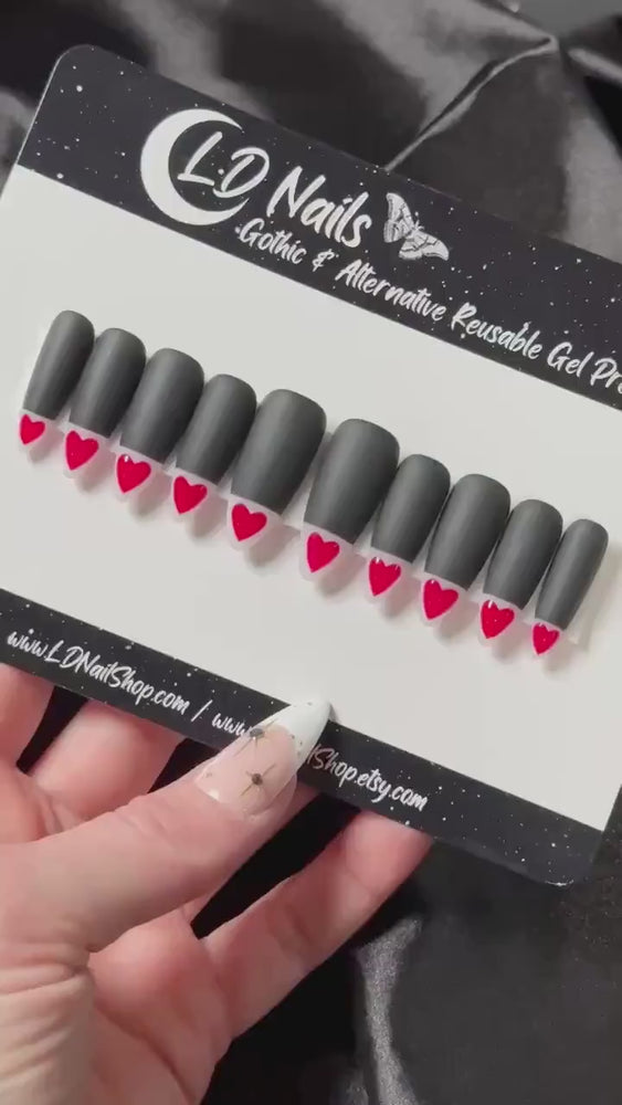 
                      
                        Load and play video in Gallery viewer, Heart Tips, Valentine’s Day Press On Nails, Red and Black 3D Heart, Alternative Nails, Witchy Nails, Goth Press Ons, Reusable False Nails
                      
                    