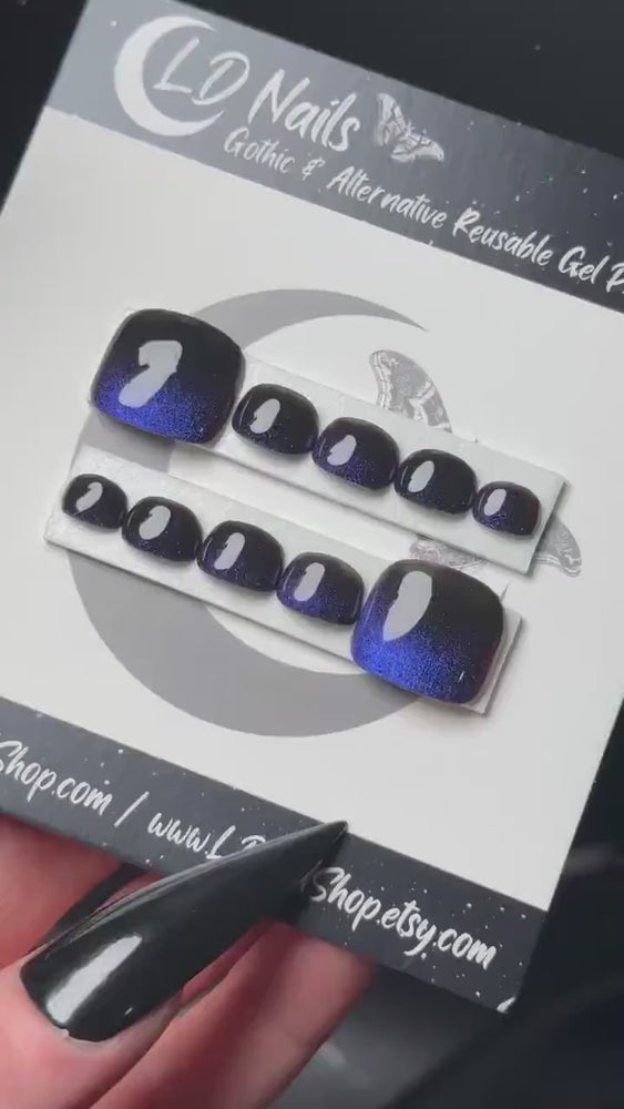 
                      
                        Load and play video in Gallery viewer, Cat Eye Toe Tips, Toe Press On Nails, Colour Shift Toe Nails, Gothic Press Ons, Witchy Nails, Reusable False Nails, Alternative Nails
                      
                    