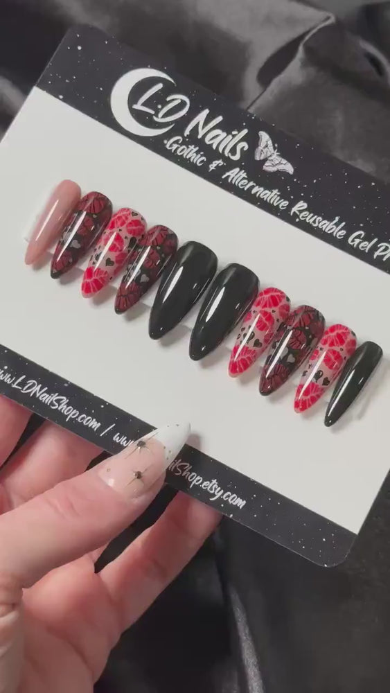 
                      
                        Load and play video in Gallery viewer, Cupids Kisses, Valentine’s Day Nails, Red and Black, Lipstick Kisses, Gothic Press Ons, Witchy Nails, Reusable False Nails, Glue-on Nails
                      
                    