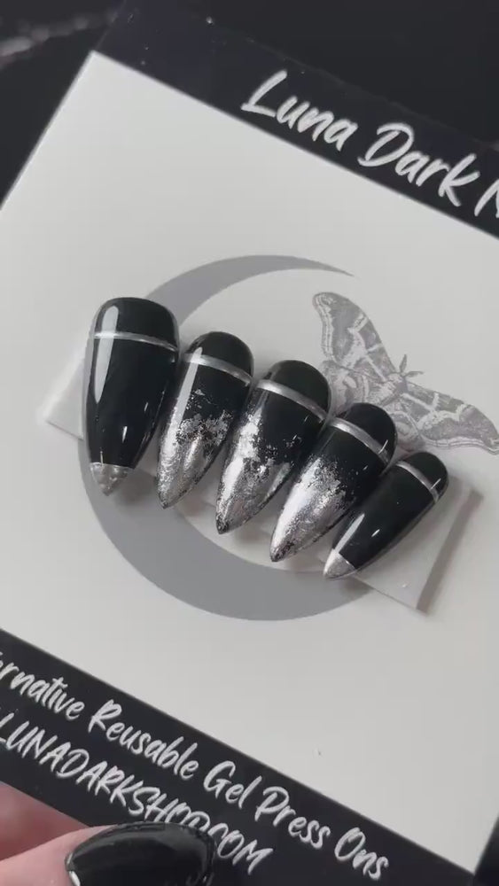 
                      
                        Load and play video in Gallery viewer, Gilded V2, Gothic Chrome Press On Nails, Black and Silver Witchy Nails, Silver Tipped Chrome Nails, Reusable False Nails
                      
                    