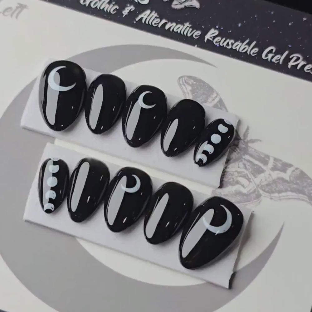 
                      
                        Load and play video in Gallery viewer, READY TO SHIP, The Black Witch, Celestial Moon Gothic Nails, Witchy Nails, Reusable False Nails, Fake Nail, Press-on Nail, Glue-on
                      
                    