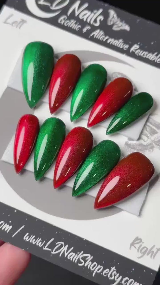 
                      
                        Load and play video in Gallery viewer, Red &amp;amp; Green Christmas Glass Nails, Press On Nails, Winter Nails, Gothic Press Ons, Witchy Nails, Reusable False Nails, Alternative Nail
                      
                    