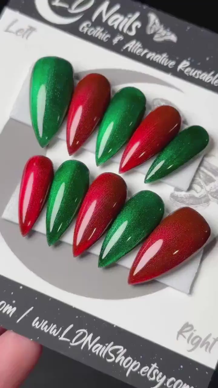 Red & Green Christmas Glass Nails, Press On Nails, Winter Nails, Gothic Press Ons, Witchy Nails, Reusable False Nails, Alternative Nail