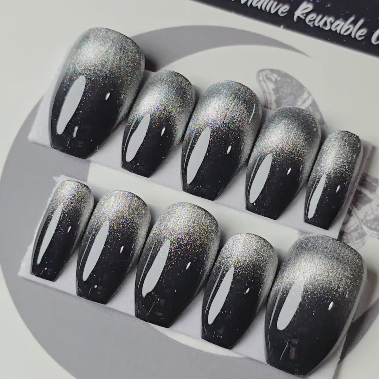 Shadow Play, Black and Silver Reverse French Cat Eye Nails, Gothic Press Ons, Alt Nails, Witchy Nails, Goth Nails, Reusable False Nails