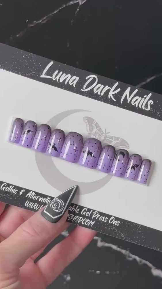 
                      
                        Load and play video in Gallery viewer, Press On Nails, Haunted Eclipse , Black and Purple Halloween Press Ons, Spooky Bat Nails, Goth Press Ons, Witchy Nails, Reusable False Nails
                      
                    