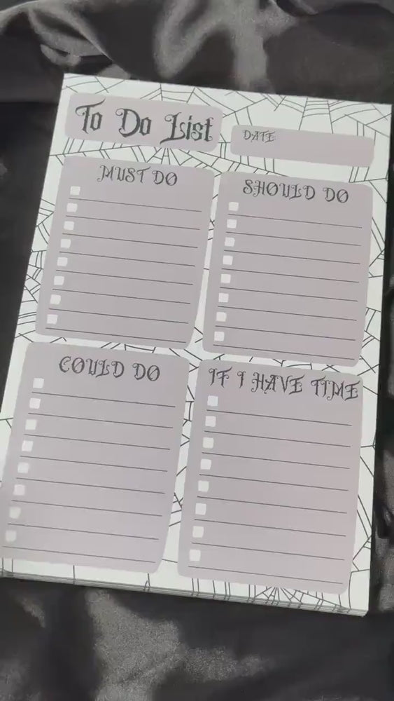 
                      
                        Load and play video in Gallery viewer, Goth To-Do List Planner, Productivity Notepad, Spooky Cute Goth Stationary, 50 Page To Do List, Spiderweb Stationary, Gothic Office Supplies
                      
                    