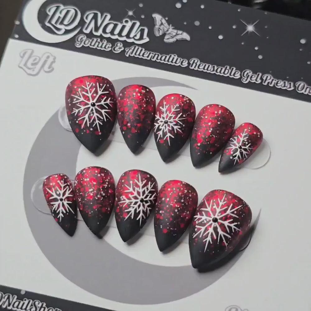 
                      
                        Load and play video in Gallery viewer, Crimson Snowfall Press On Nails – Gothic Winter Snowflake Nails, Red Ombre Christmas Nails, Matte Black Holiday Nail Art, Handmade Reusable
                      
                    