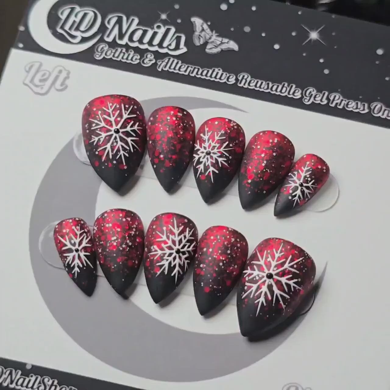 Crimson Snowfall Press On Nails – Gothic Winter Snowflake Nails, Red Ombre Christmas Nails, Matte Black Holiday Nail Art, Handmade Reusable