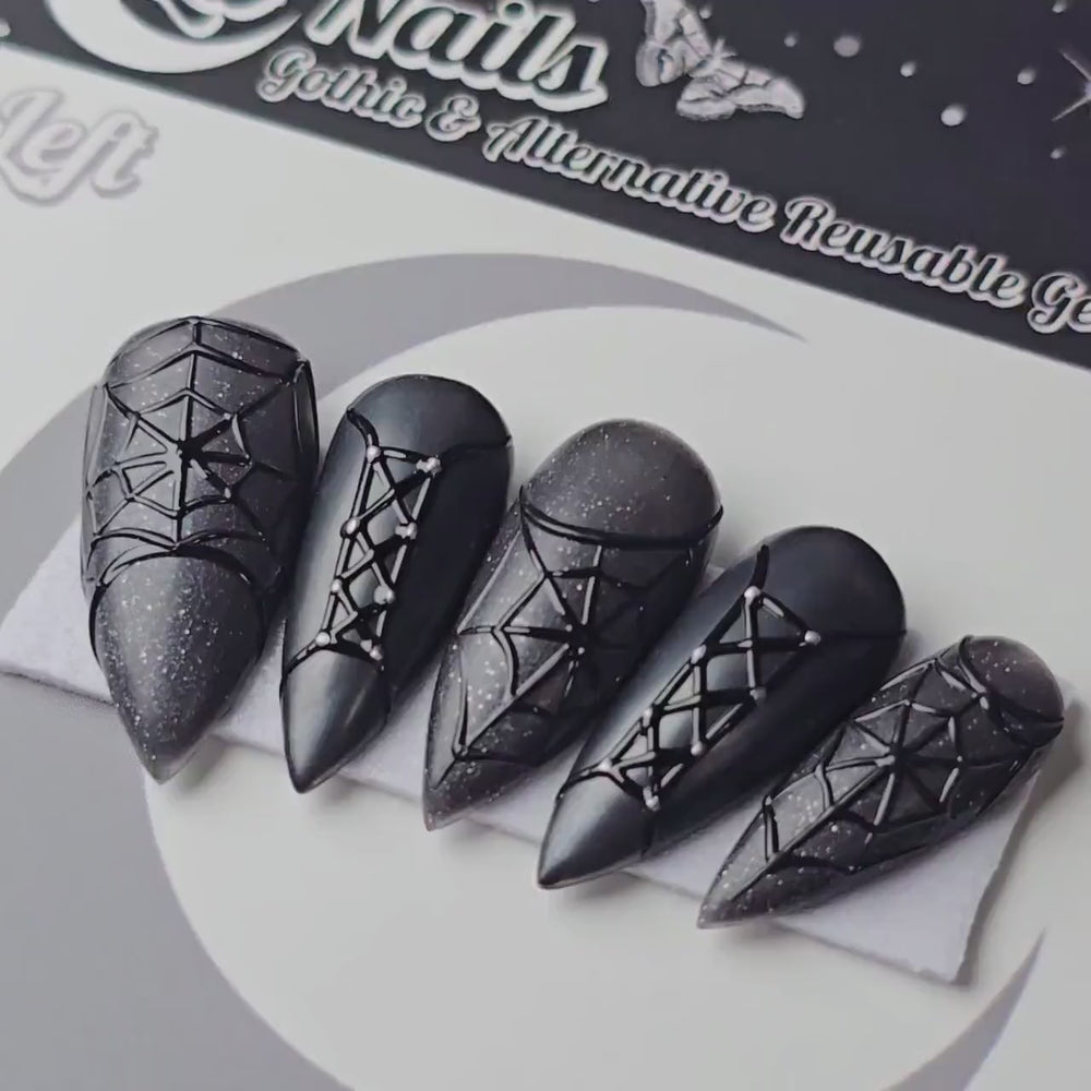 
                      
                        Load and play video in Gallery viewer, Deathlace - Crypt Coture, Vampire Halloween Press Ons, Gothic Spiderweb Corset Press On Nails
                      
                    