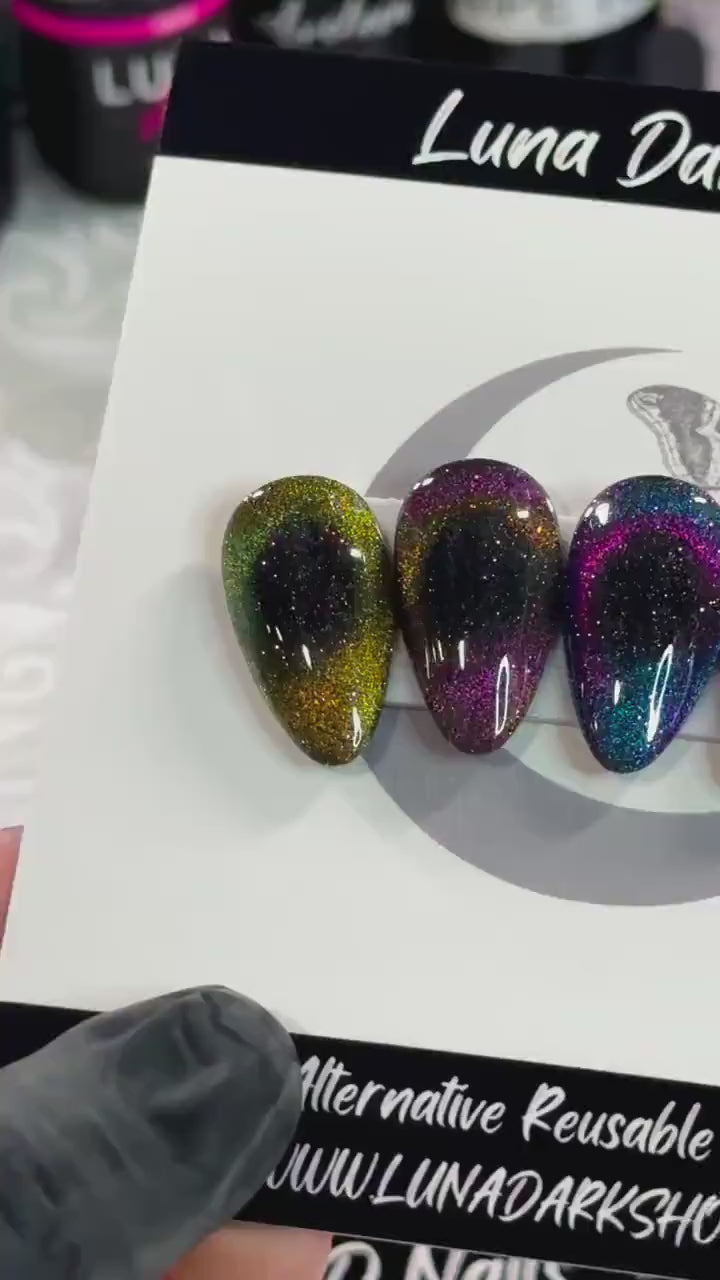 Cosmic Cat Eye, 9D Galaxy Glitter Cat Eye Nails, Press On Nails, Gothic Press Ons, Witchy Nails, Reusable False Nails, Alternative Nails