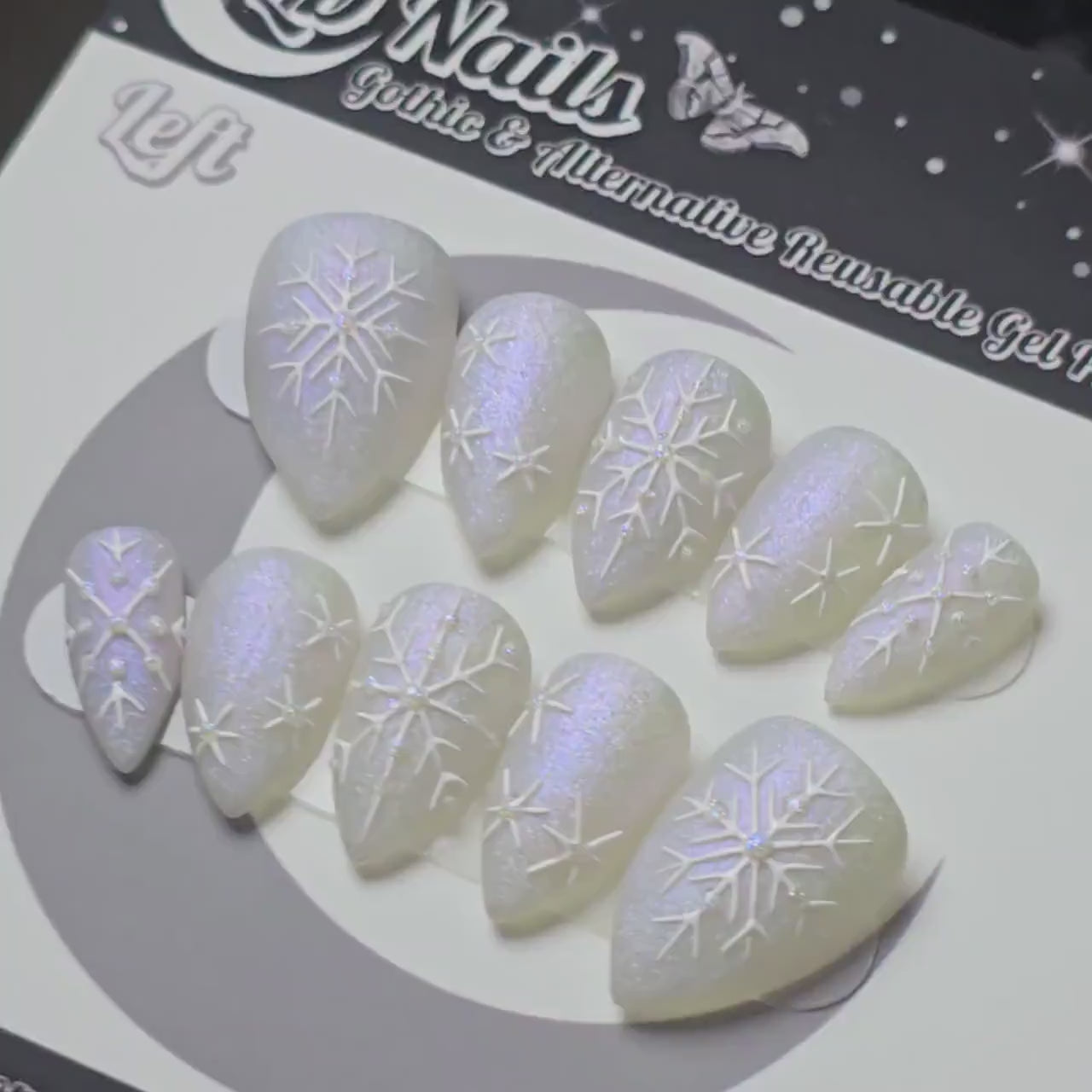 Frostfall Press On Nails – Witchy Winter Snowflake Nails – Matte Iridescent Silver – Hand Painted Nail Art – Reusable Custom Press Ons