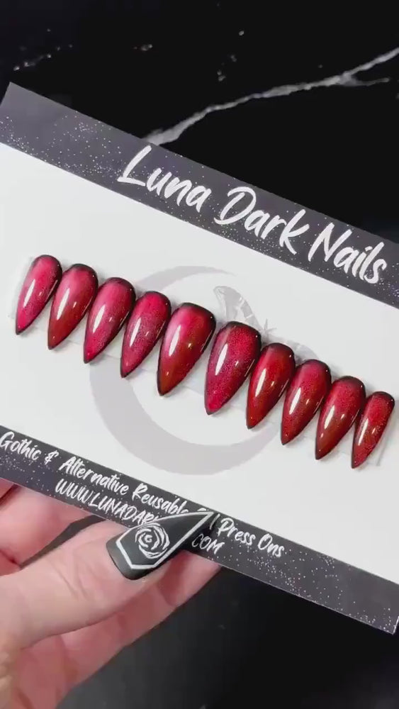 
                      
                        Load and play video in Gallery viewer, Betrothed, Press On Nails, Black &amp;amp; Red Ombré, Velvet Cat Eye, Halloween Nails, Goth Press Ons, Gothic Nails, Witchy Nails, Alternative Nails
                      
                    