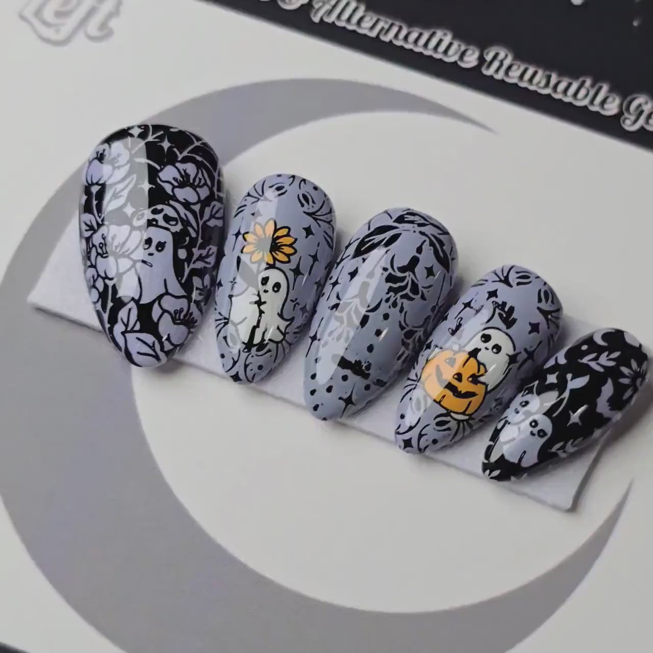 Ghostly Garden, Gothic Halloween Ghost Press On Nails, Gothic Spooky Cute Garden Nails, Orange and Purple Press Ons
