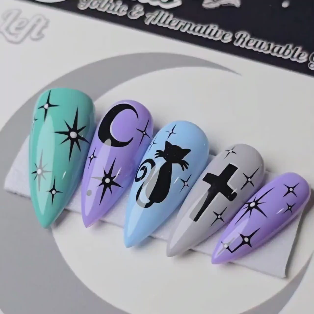 Moonlit Familiar - Cute & Cursed, Pastel Goth Witchy Halloween Press Ons, Spooky Cute Cat Nails