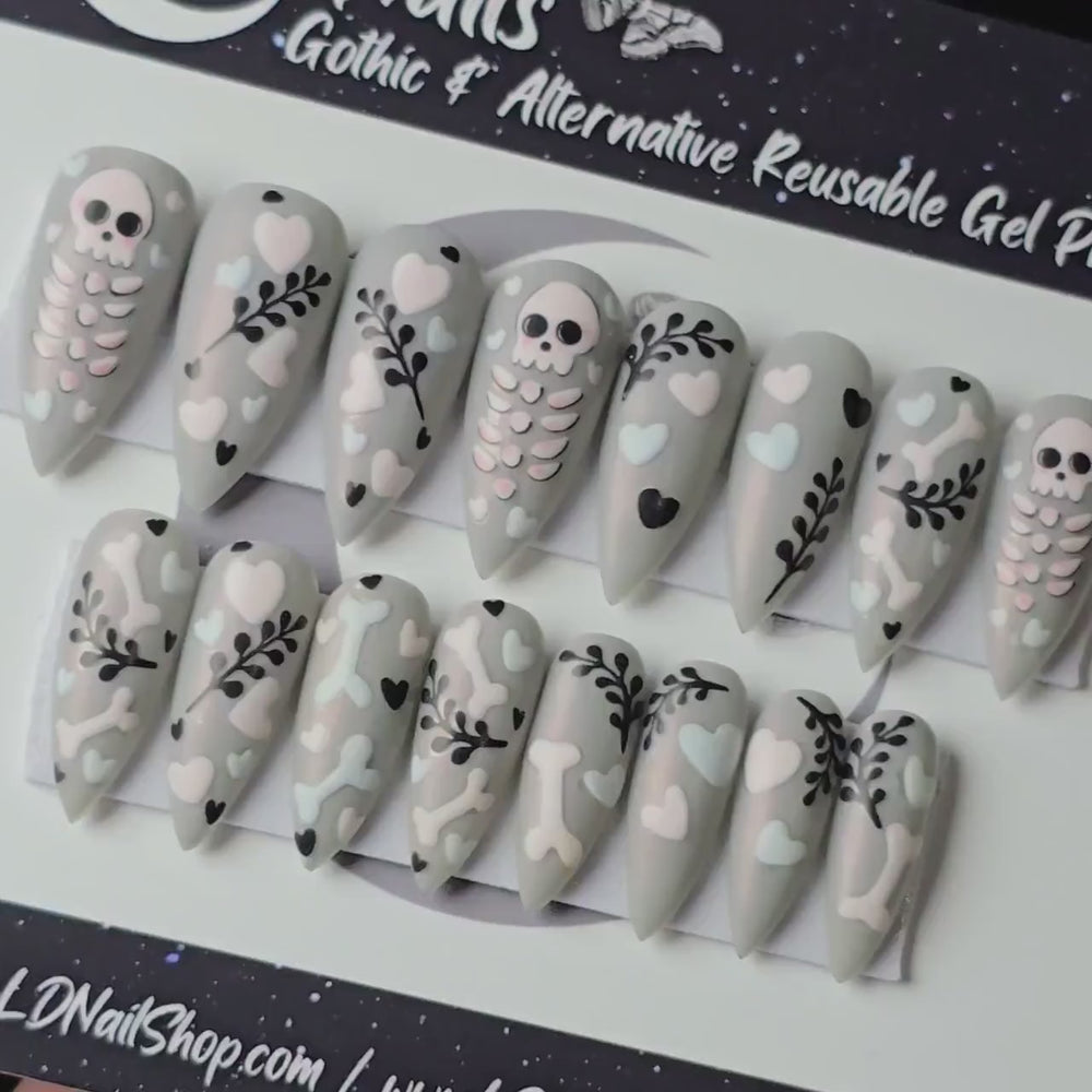 
                      
                        Load and play video in Gallery viewer, ONE OF A KIND, Bone Bouquet, Cute Skeleton Nails, Bespoke Spooky Cute Press On Nails, Gothic Spring Press On Nails, Halloween Nails
                      
                    