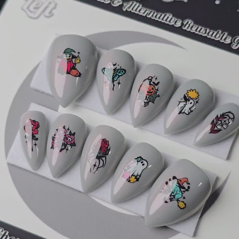 
                      
                        Load and play video in Gallery viewer, Ghoulish Garden, Gothic Halloween Press On Nails, Spooky Cute Press Ons
                      
                    