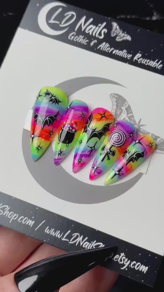 
                      
                        Load and play video in Gallery viewer, Neon Halloween Press Ons, Spooky Cute Goth Nails, Rainbow Bat Nails, Gothic Press Ons, Witchy Nails, Reusable False Nails, Press On Nails
                      
                    