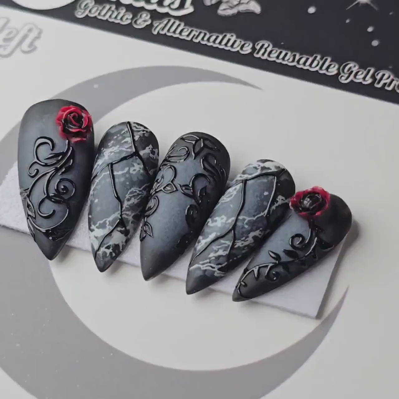 Marble & Mourning - Crypt Coture, Gothic Vampire Press Ons, Goth Halloween Nails