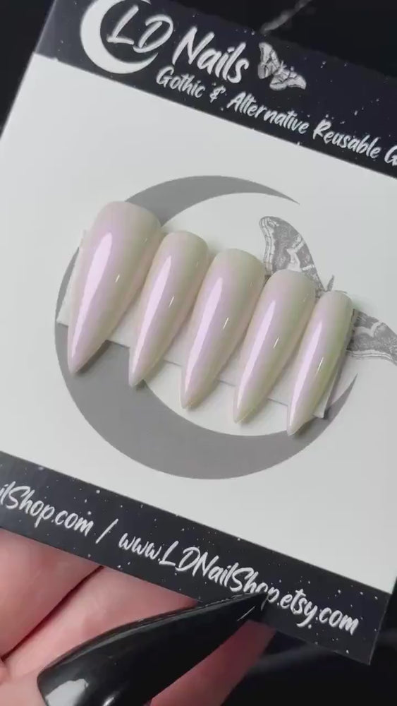 
                      
                        Load and play video in Gallery viewer, Not Your Usual White Press On Nails, White Iridescent Nails, Basic Nails, Witchy Nails, Gothic Nails, Minimalist Nails, Reusable False Nails
                      
                    