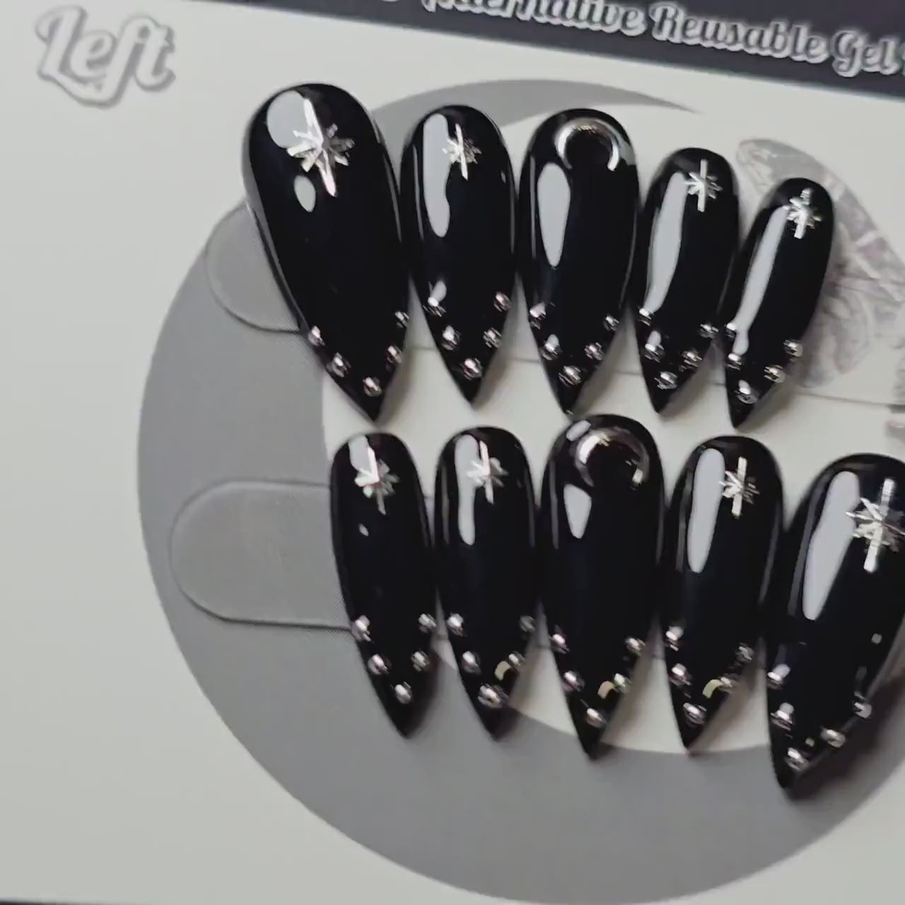 Toxic Noir, Black and Silver Studded Vamp Press Ons, Metal Moon Gothic Press On Nails, Goth Reusable False Nails