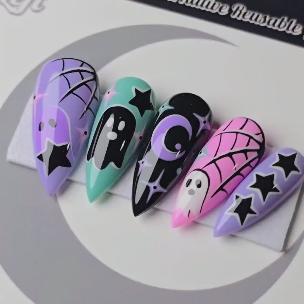 
                      
                        Load and play video in Gallery viewer, Ghoulaxy - Cute &amp;amp; Cursed, Spooky Cute Halloween Press Ons, Pastel Goth Ghost Press On Nails
                      
                    