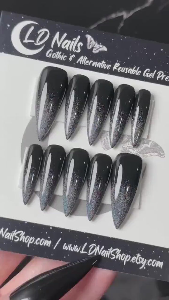 
                      
                        Load and play video in Gallery viewer, Holo Black Ombré, Goth Press On Nails, Black on Black Nails, Glitter Nails, Reusable False Nails, Fake Nails, Press-on Nails, Glue-on Nails
                      
                    