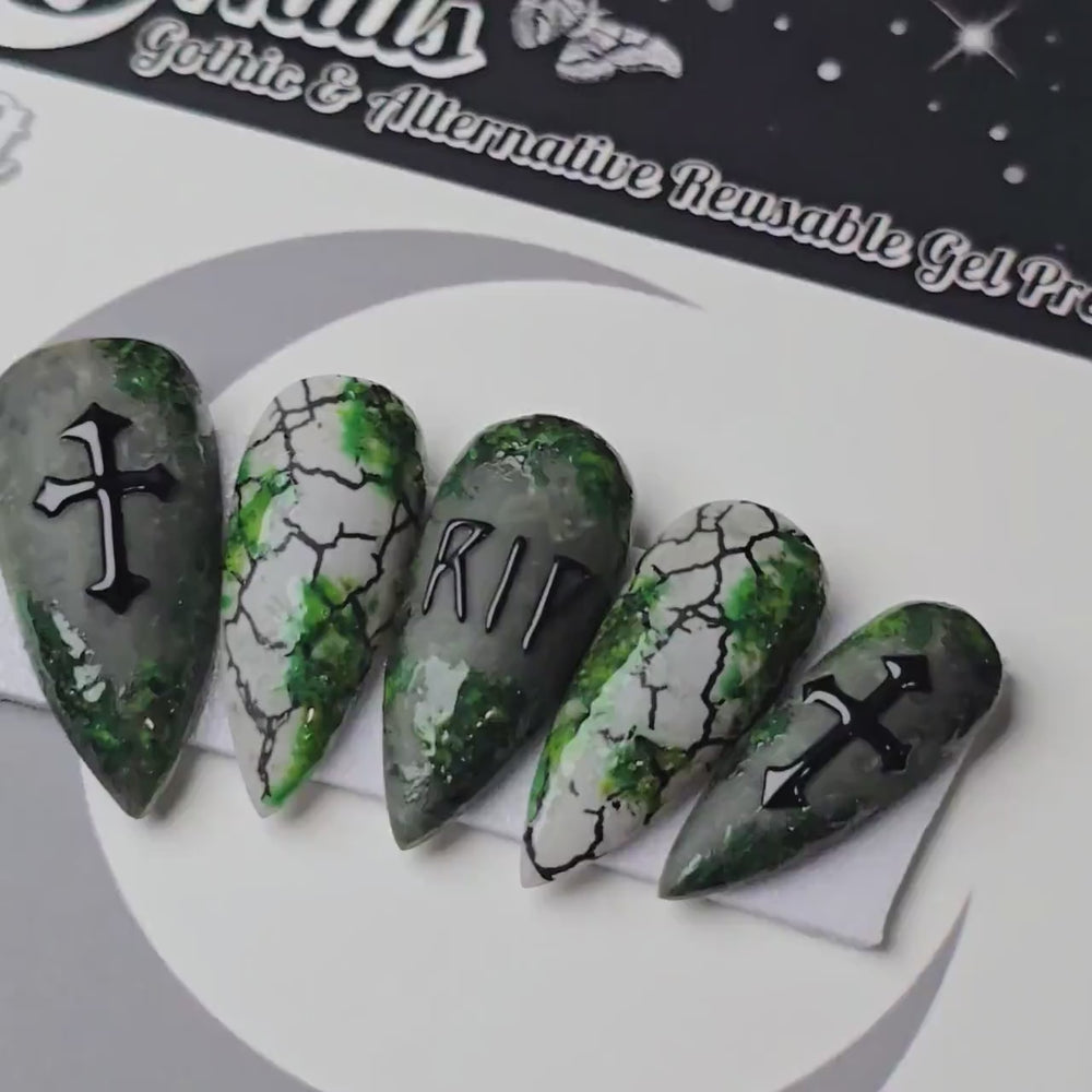
                      
                        Load and play video in Gallery viewer, Grave Matters - Crypt Coture, Gothic Halloween Press On Nails, Tombstone Vampire Vibes Press Ons
                      
                    