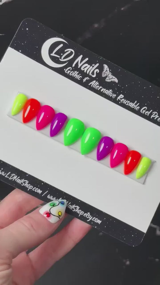 
                      
                        Load and play video in Gallery viewer, Neon Skittles, Multicolour Rainbow Nails, Pride Press On Nails, Gothic Press Ons, Witchy Nails, Reusable False Nails, Alternative Nails
                      
                    