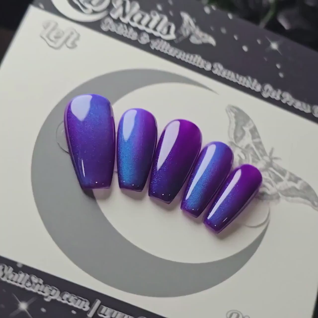 Blueberry Press On Nails, Purple Blue Cat Eye Nails, Magnetic Gel Press Ons, Gothic Galaxy Nails, Witchy Reusable Coffin Nails