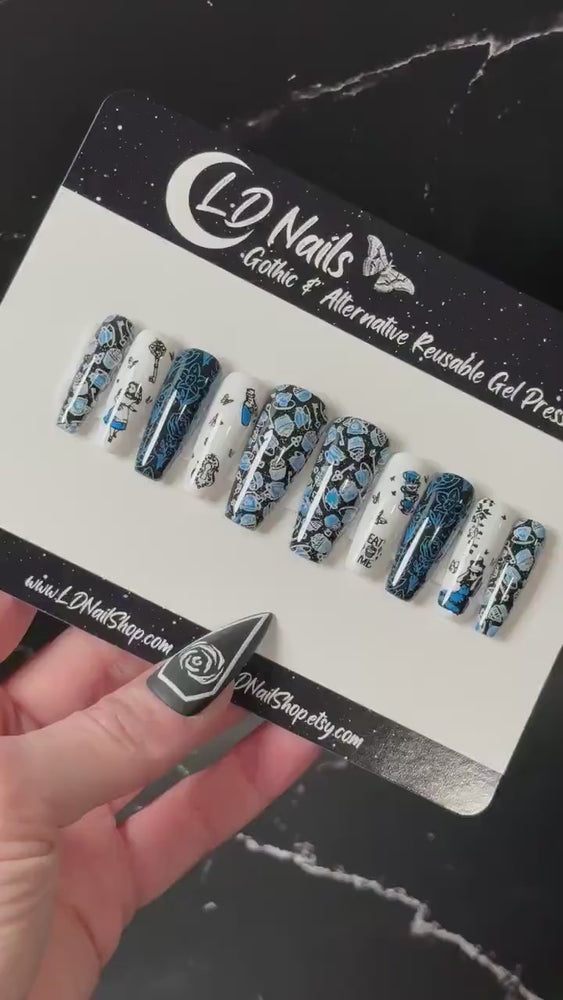 
                      
                        Load and play video in Gallery viewer, READY TO SHIP,  Gothic Nails, Black and Blue Alice Nails, Witchy Nails, Reusable False Nails, Fake Nail, Press-on Nail, Glue-on
                      
                    