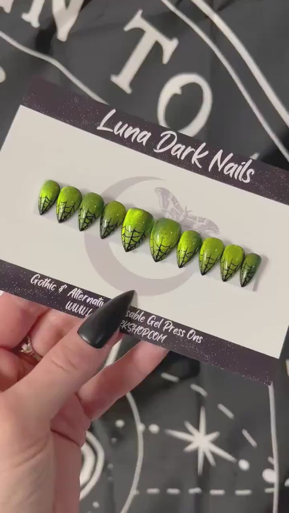 
                      
                        Load and play video in Gallery viewer, Gothic Press On Nails, Wicked Webs, Halloween Press Ons, Spiderweb Nails, Spooky Nails, Green Cat Eye Nails, Custom Reusable Witchy Nails
                      
                    