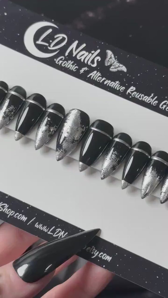 
                      
                        Load and play video in Gallery viewer, Midnight Steel, Gothic Silver Chrome Press On Nails, Goth Press Ons, Witchy Nails, Reusable False Nails, Glue-on Nails, Goth Gifts for Her
                      
                    